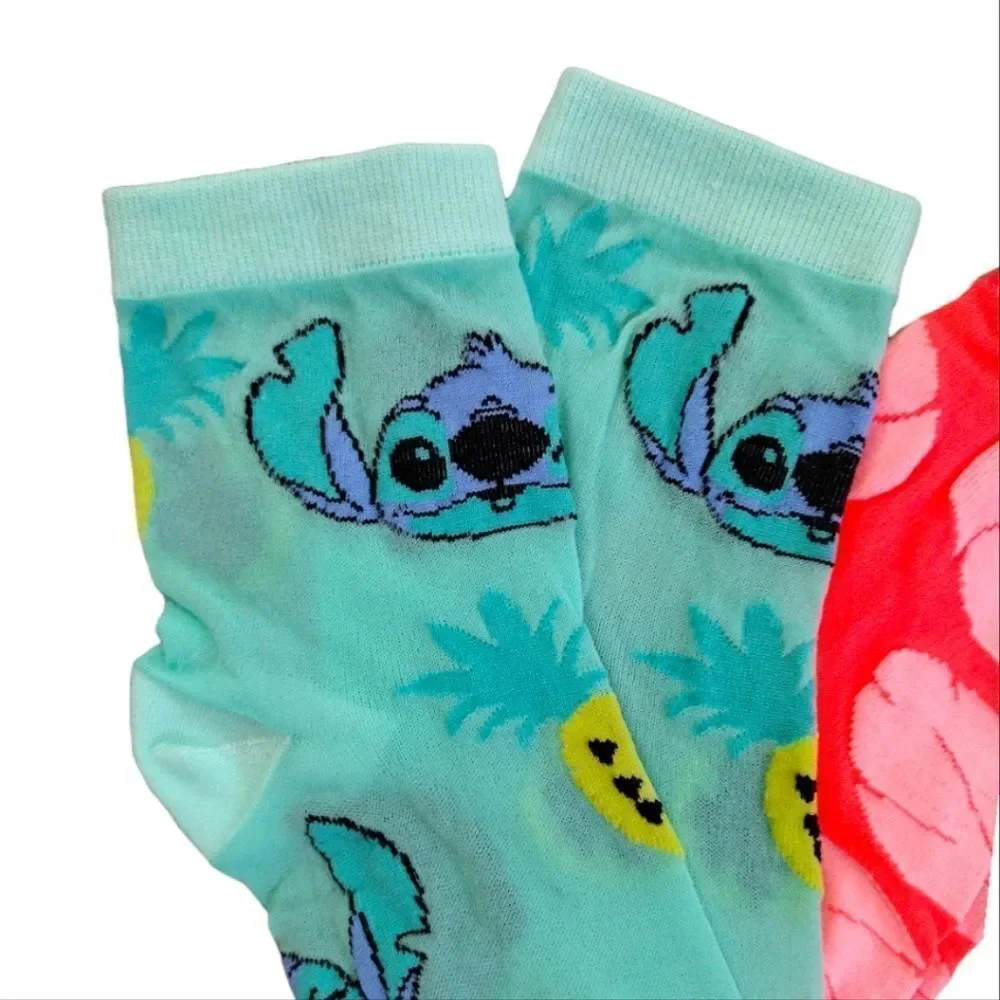 Disney Neon Stitch Prints 2 Pairs Nylon Mid Crew Capri Socks‎ NWT